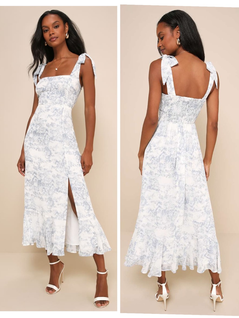 Lulus Summer Invite White and Blue Toile Tie-Strap Tiered Midi Dress Size Large